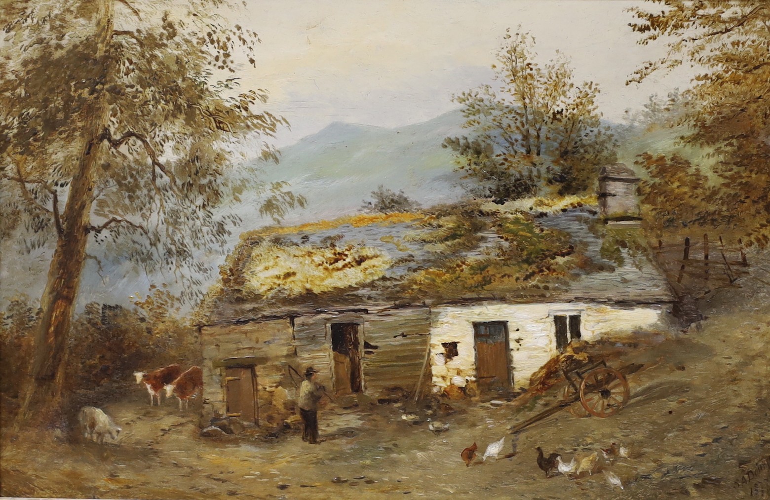 Victorian School, oil on millboard, Crofter's cottage with figure and livestock, signed and dated 1877, 19 x 29cm